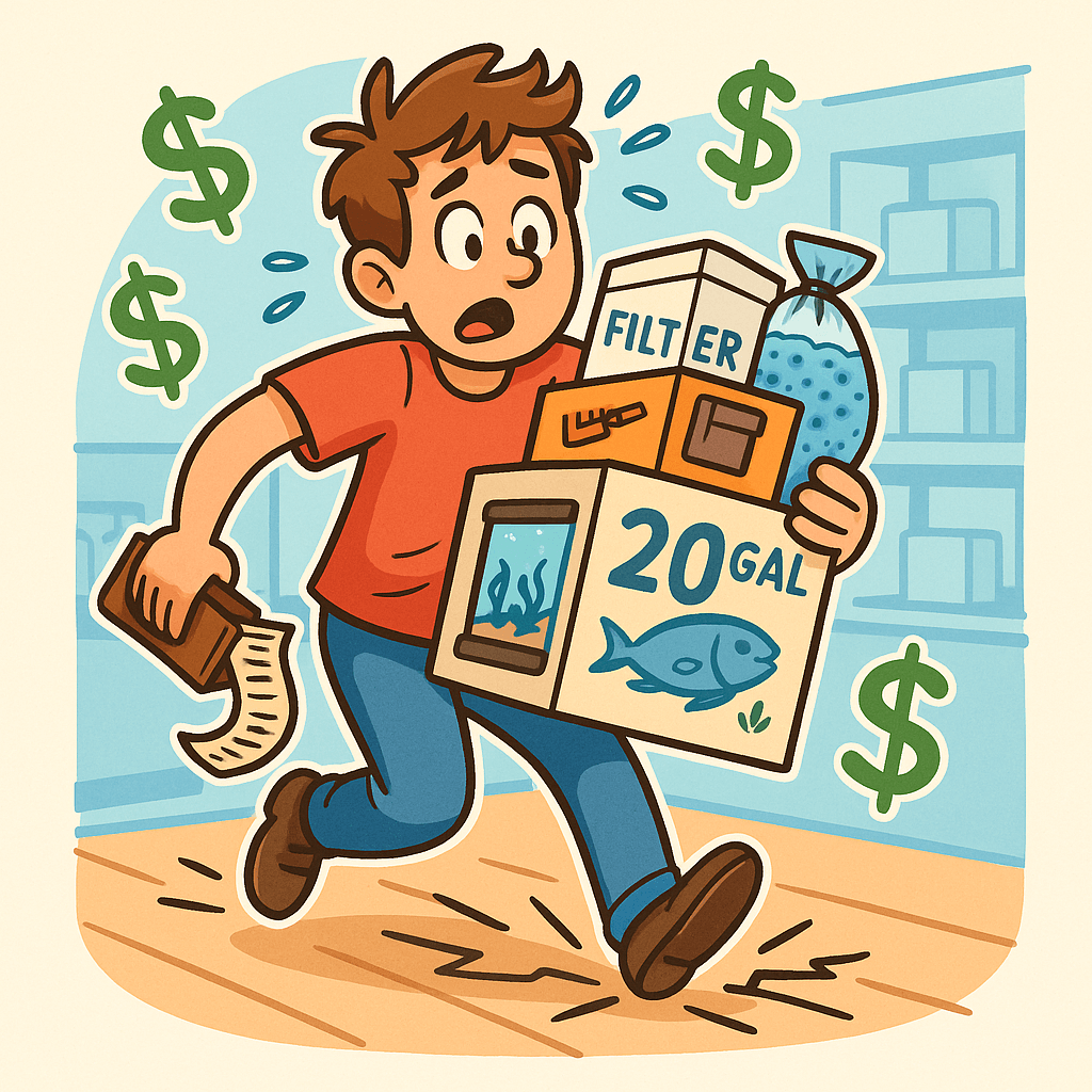 A person rushing to buy aquarium equipment and spending lots of money