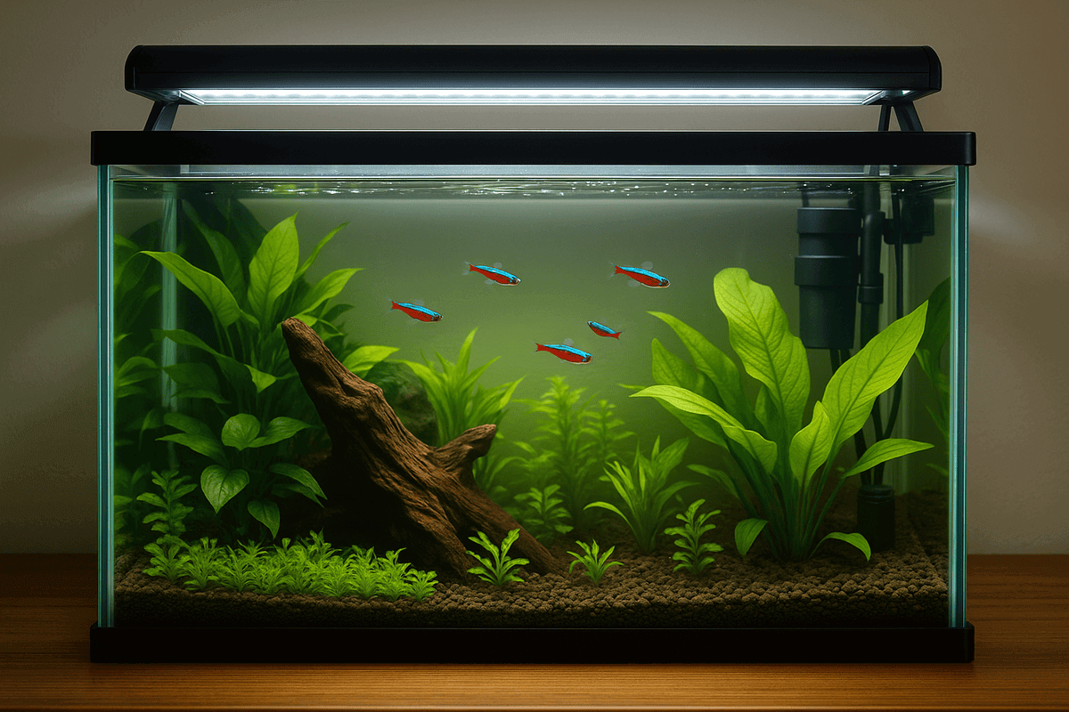 A fish tank with green plants and cardinal tetras
