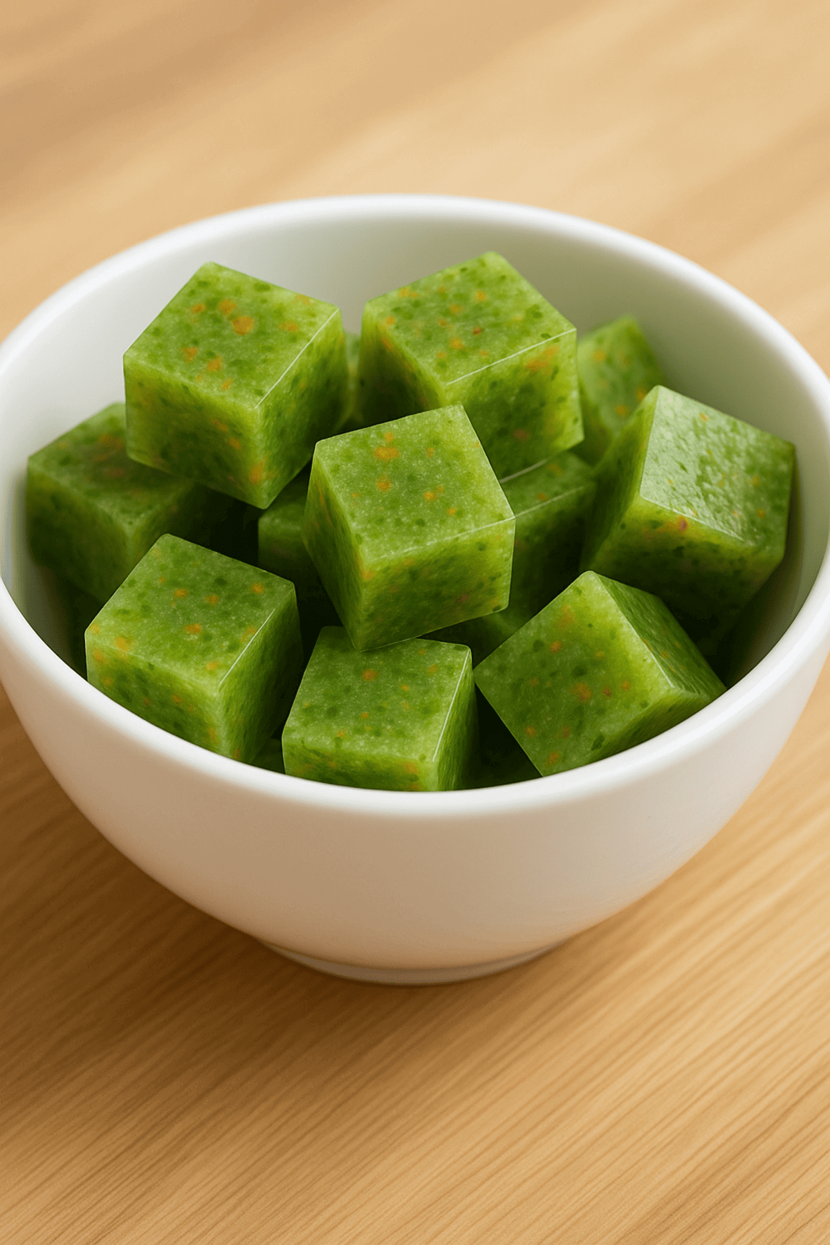 A bowl of DIY fish food cubes made with veggies and gelatin