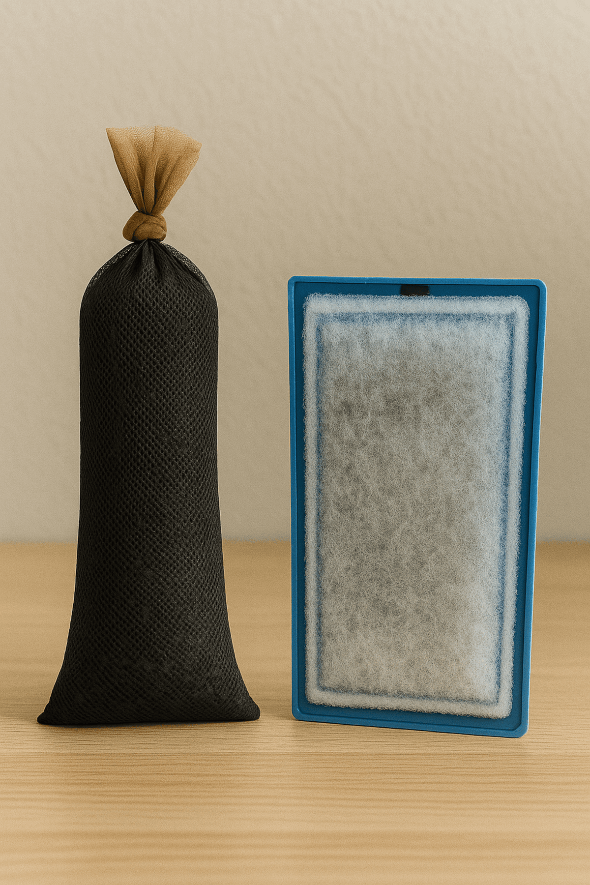 A pantyhose leg filled with carbon, tied at the top, sitting next to an aquarium filter cartridge