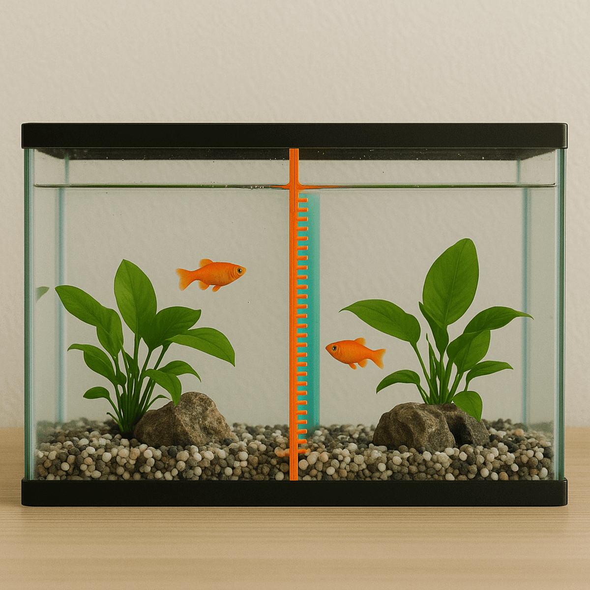 A home aquarium with a plastic divider in the middle
