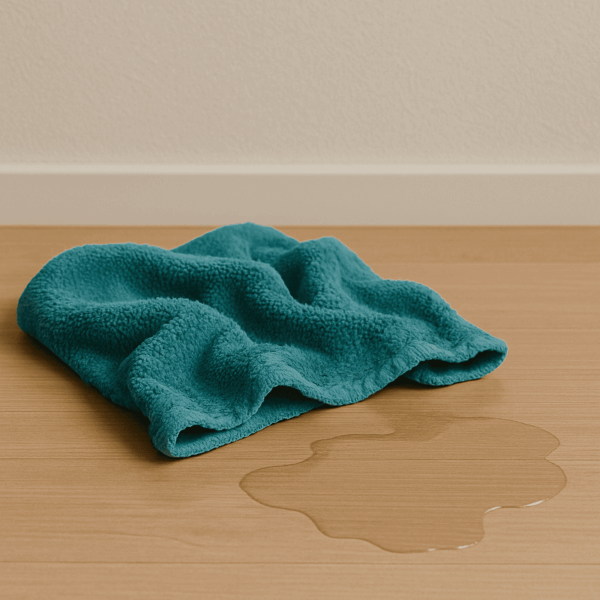 A towel next to some spilt water on the floor